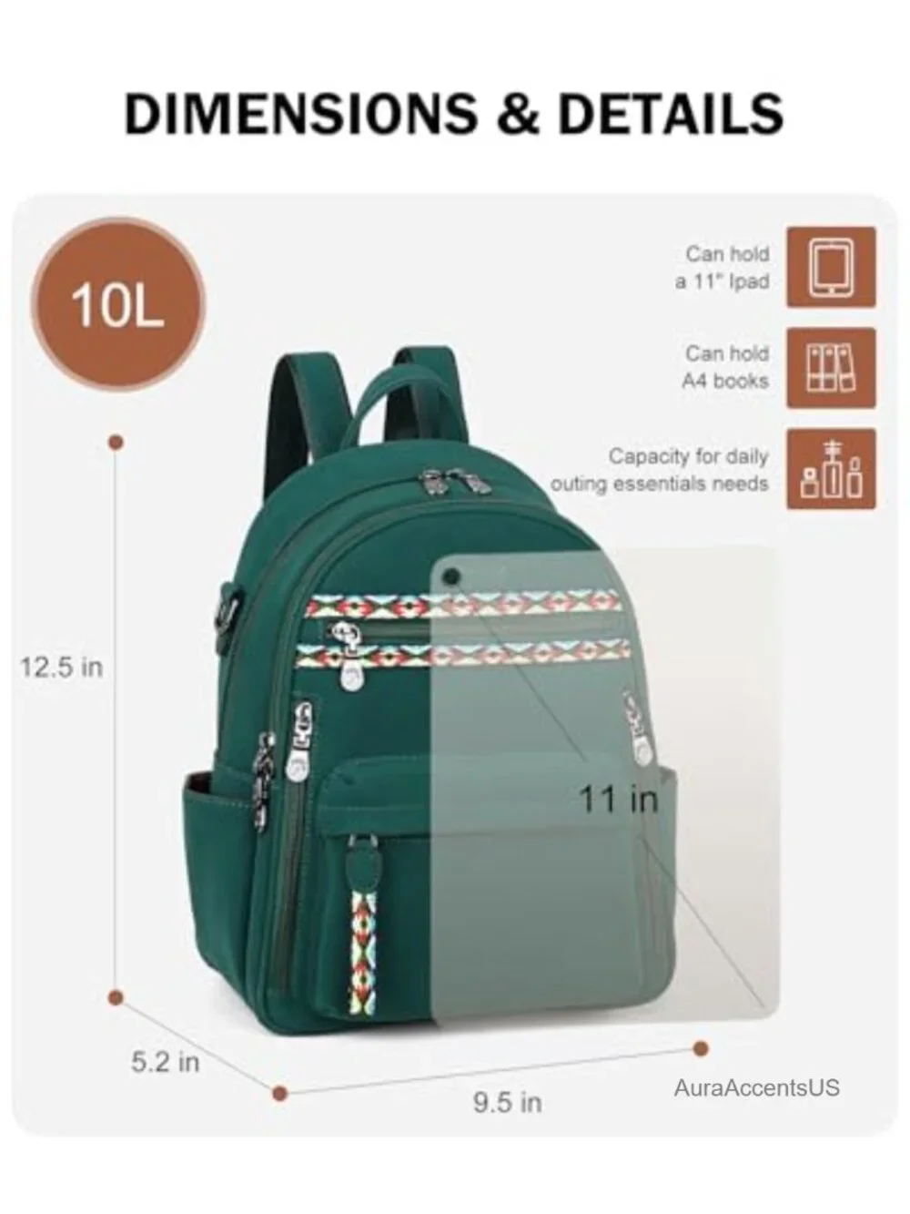 Small Backpack Purse with iPad Pocket, Waterproof Vegan Leather, Adjustable